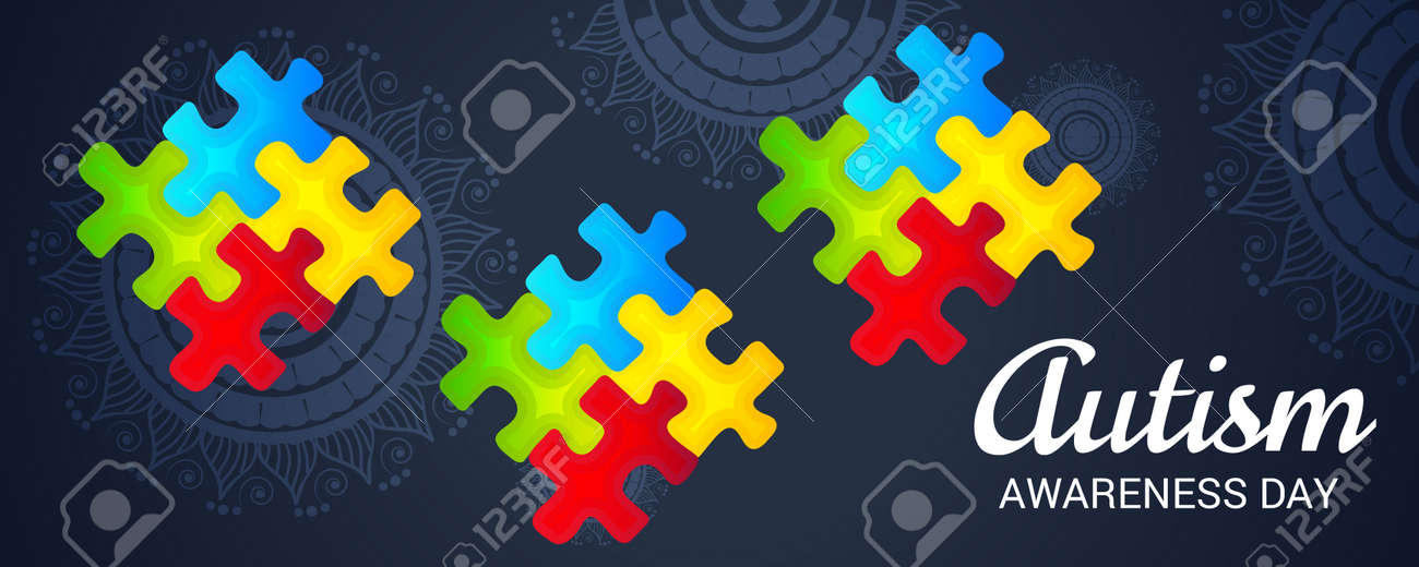 world autism awareness day banner with jigsaw puzzles on dark