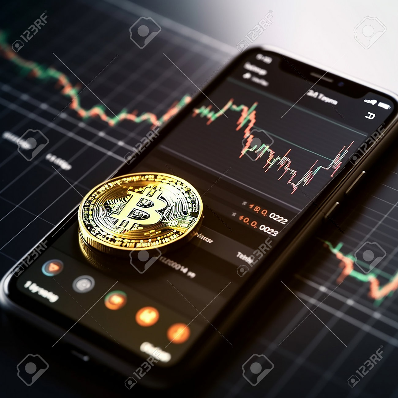휴대폰 거래 개념 화면 배경의 골든 비트코인 로열티 무료 사진, 그림, 이미지 그리고 스톡포토그래피. Image 201316851