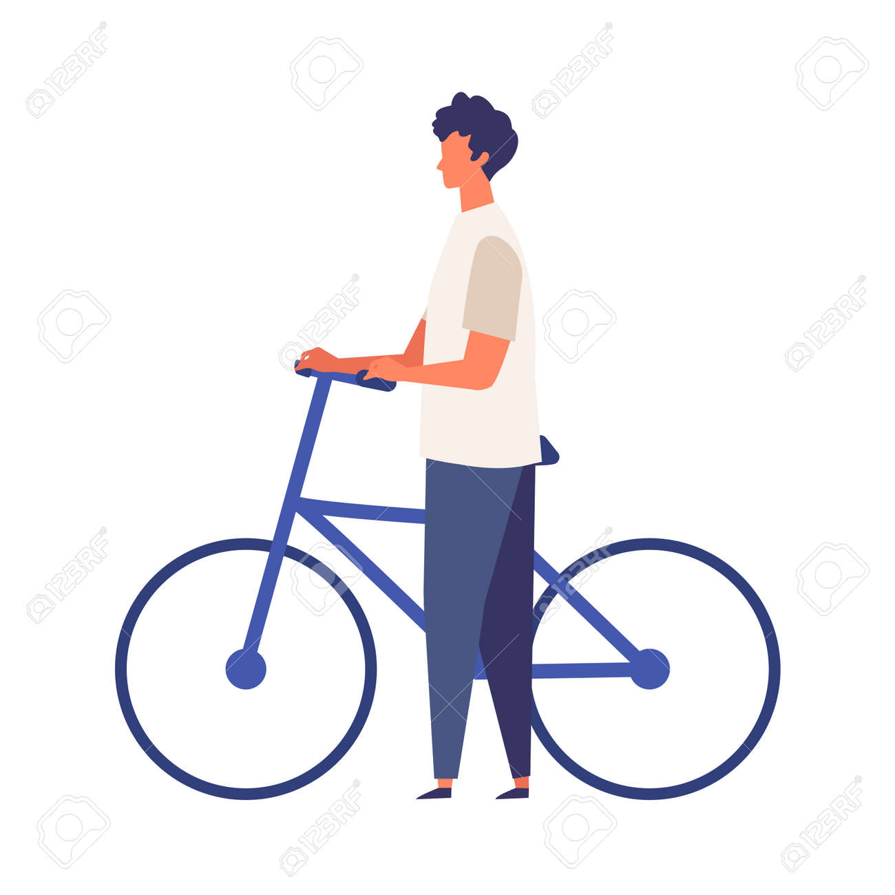 Man get off and walk his bikes at summer. Man have a relaxing day off. Flat cartoon colorful vector illustration. - 149830137 Man get off and walk his bikes at summer. Man have a relaxing day off. Flat cartoon colorful vector illustration. - 149830137