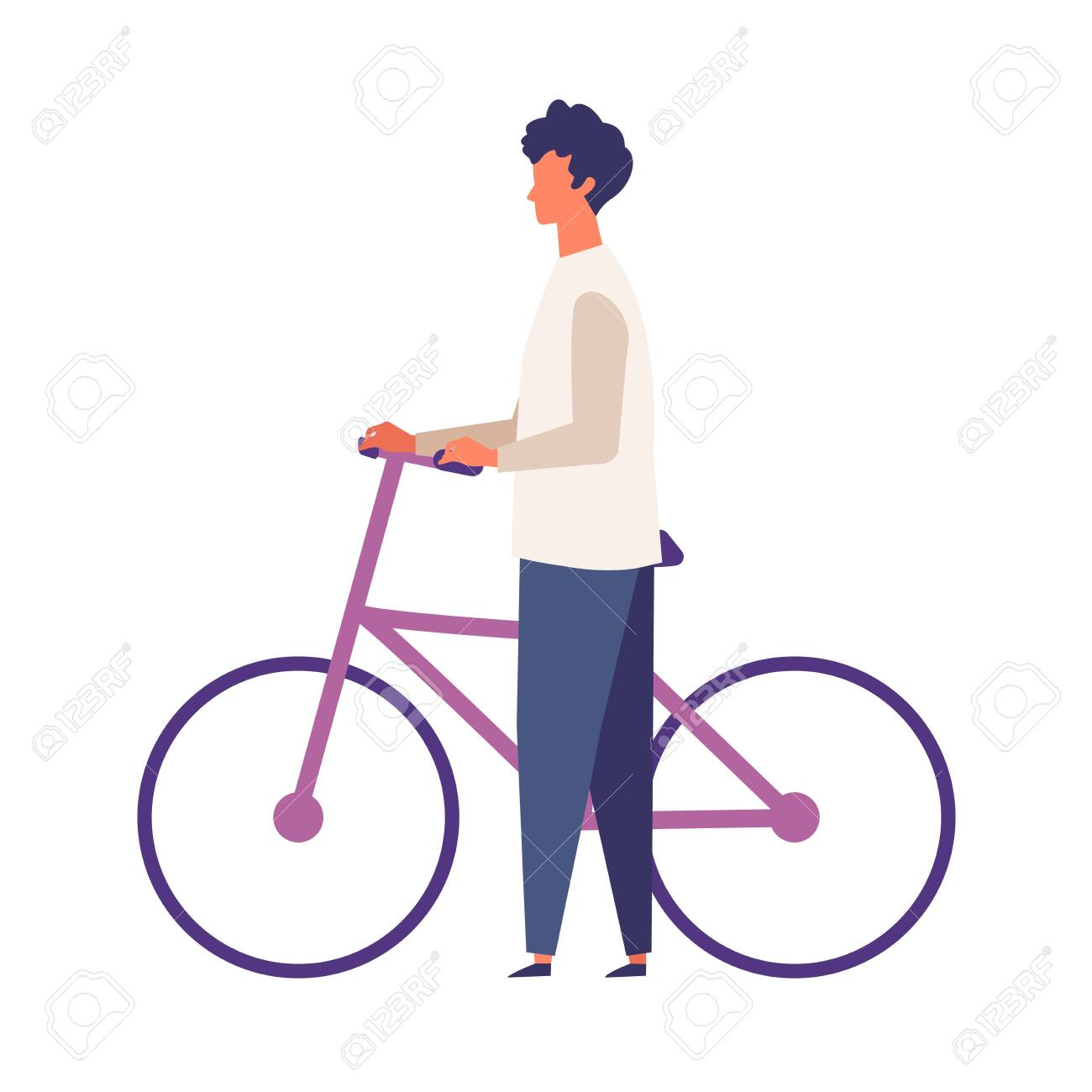 Man get off and walk his bikes at autumn. Man have a relaxing day off. Flat cartoon colorful vector illustration. - 149829737 Man get off and walk his bikes at autumn. Man have a relaxing day off. Flat cartoon colorful vector illustration. - 149829737