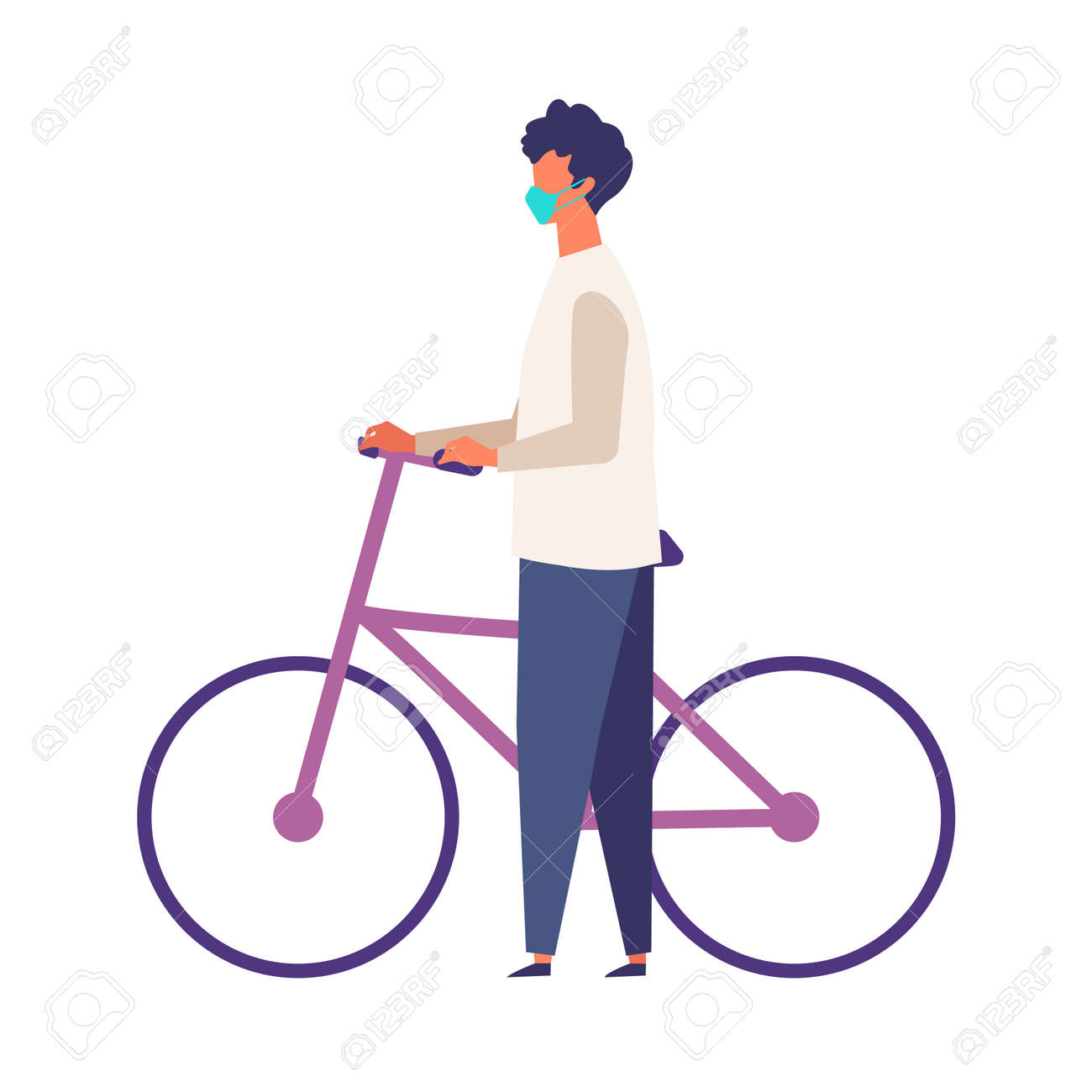 Masked man get off and walk his bikes at autumn. Man have a relaxing day off. Flat cartoon colorful vector illustration. - 149874859 Masked man get off and walk his bikes at autumn. Man have a relaxing day off. Flat cartoon colorful vector illustration. - 149874859