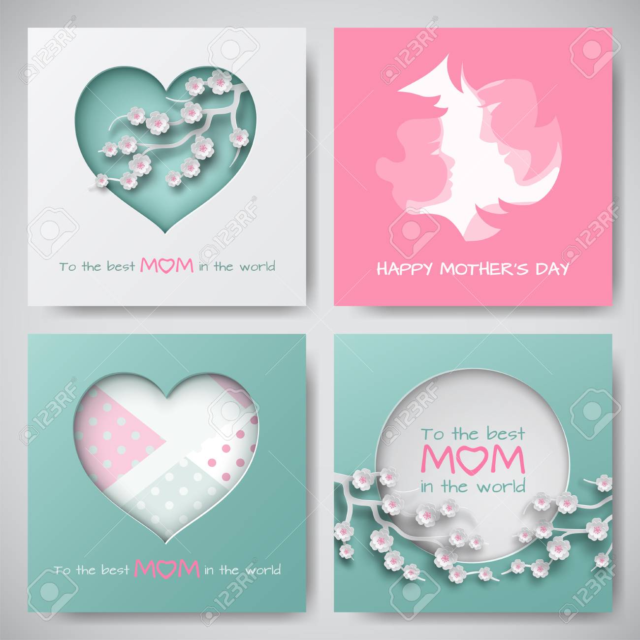 set of greeting cards for mothers day women and baby silhouettes congratulation text