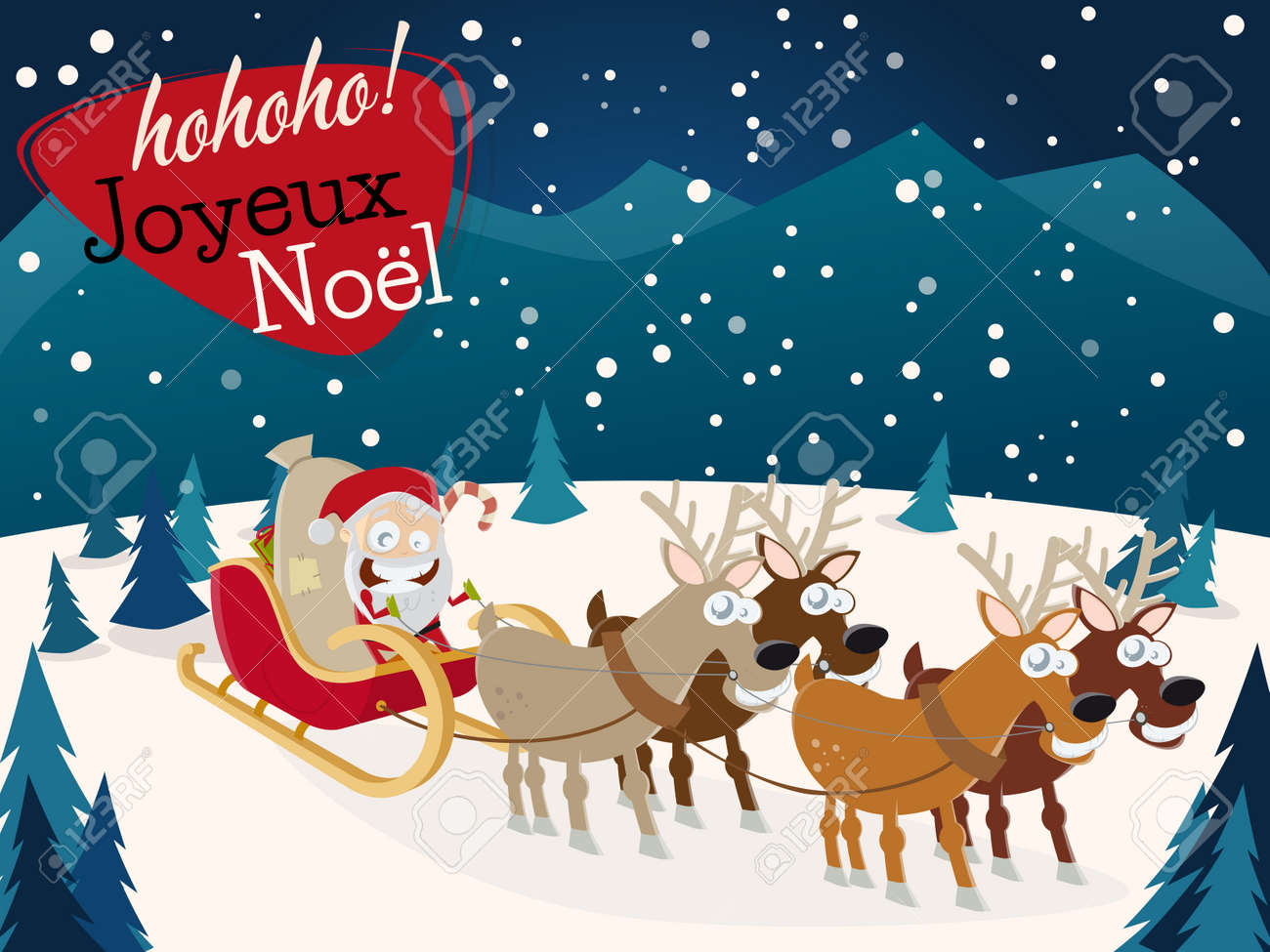 French Christmas Greetings Joyeux Noel With Santa Claus And Reindeers Royalty Free Cliparts Vectors And Stock Illustration Image