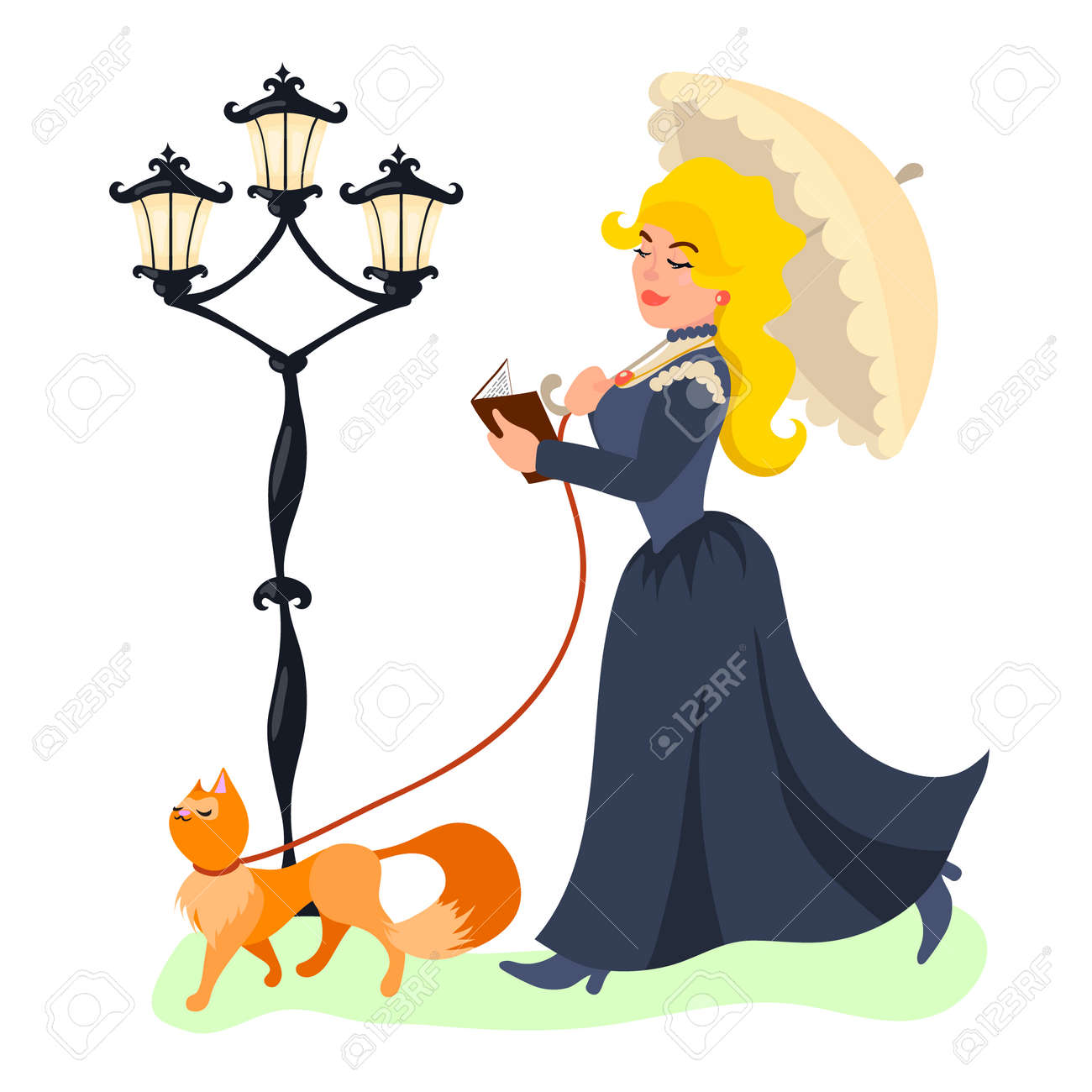 彼女の猫を連れて歩いて 本を読んで若い美しい女性のベクトル イラスト のイラスト素材 ベクタ Image