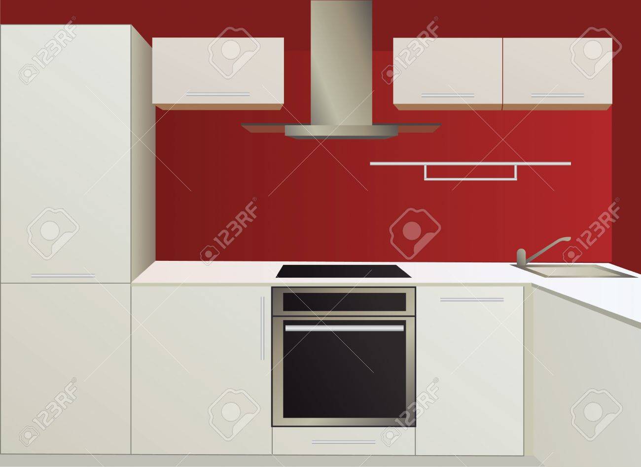 White And Red Kitchen With Household Appliances