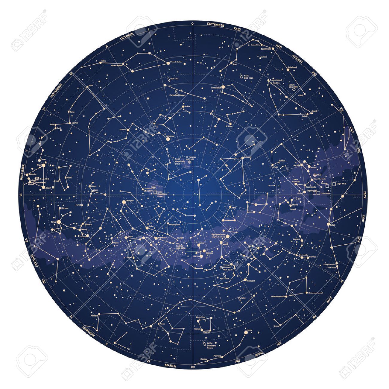 High detailed sky map of Southern hemisphere with names of stars and constellations colored vector - 29384954 High detailed sky map of Southern hemisphere with names of stars and constellations colored vector - 29384954