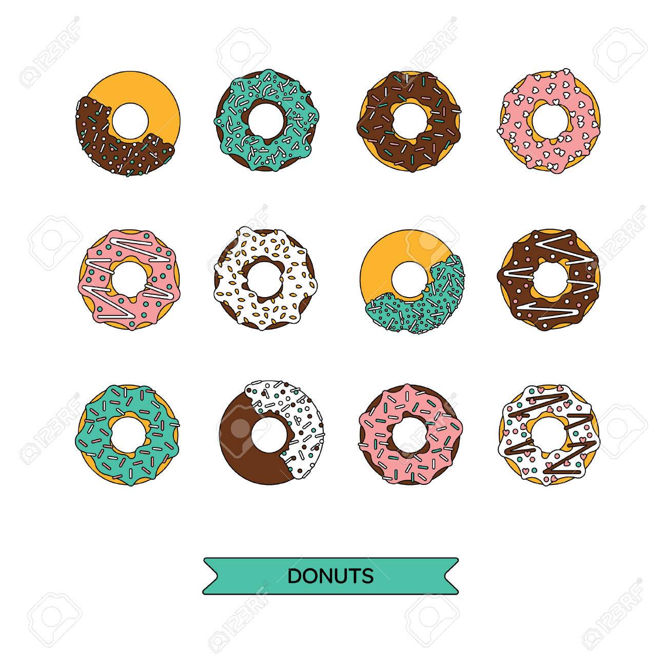 Vector donut illustration. Donut isolated on a white background. Deserts food in a flat style. Set of sweet donuts with frosting and caramel topping. Donuts icons. Donut isolated. - 51374040 Vector donut illustration. Donut isolated on a white background. Deserts food in a flat style. Set of sweet donuts with frosting and caramel topping. Donuts icons. Donut isolated. - 51374040