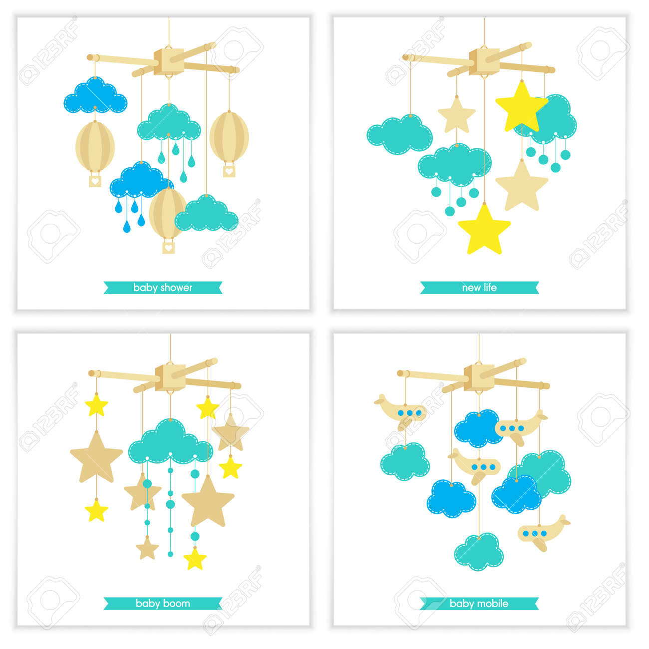newborn card illustration of baby mobile stars clouds airplanes