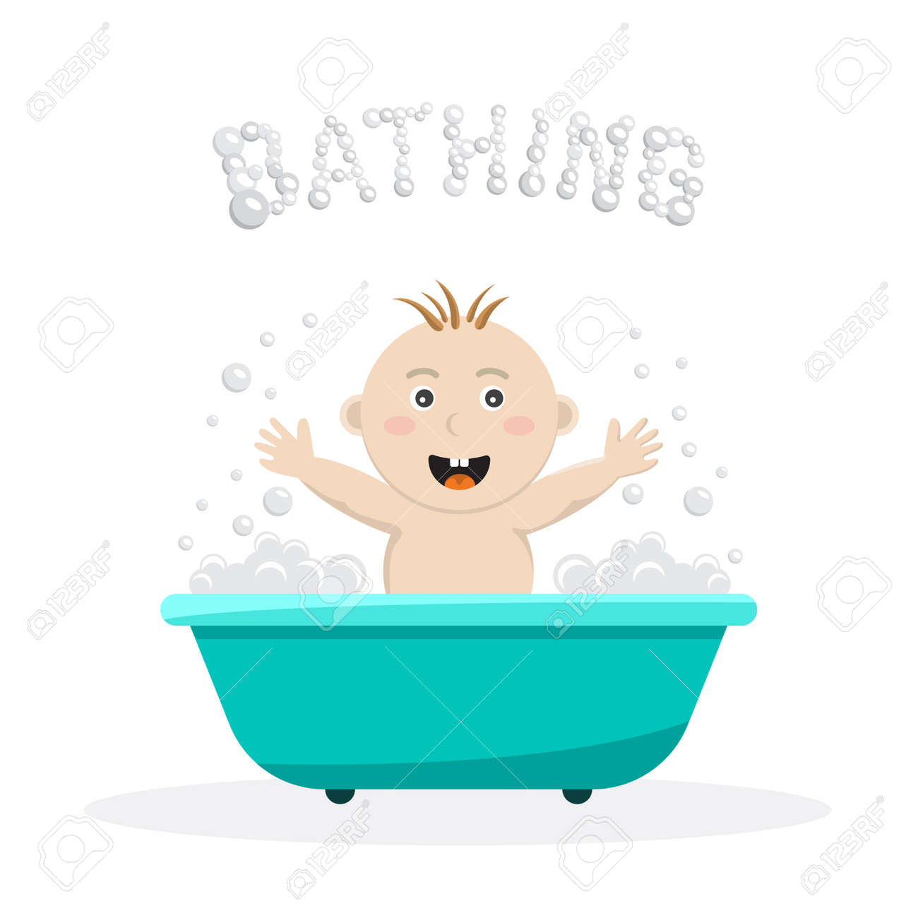 Bebe Se Baigner Dans Une Petite Salle De Bain Avec De La Mousse De Bain Et Bulles De Savon Un Bebe Joyeux Prend Une Hygiene Bain Le Corps De L Enfant Bebe De