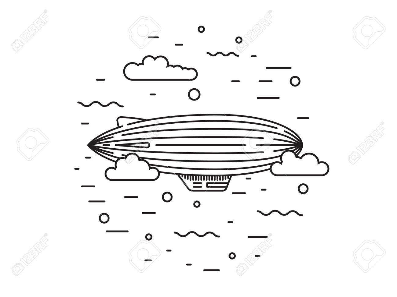 飛行船と熱い空気は気球飛行船です 飛行船や気球が商品や人々 の空気によって配信を移動するなど航空のツールです 要素線形スタイルでベクターで描画されます のイラスト素材 ベクタ Image