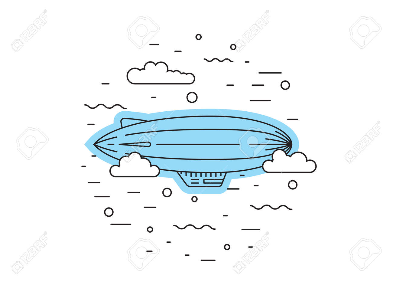 飛行船と熱い空気は気球飛行船です 飛行船や気球が商品や人々 の空気によって配信を移動するなど航空のツールです 要素は 線形スタイルで描画されます の イラスト素材 ベクタ Image