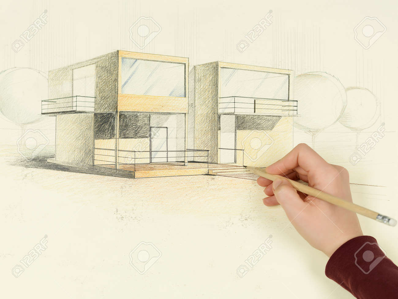Architectural Drawings Of Modern Houses woman's hand drawing architectural perspective of modern house Architectural Drawings Of Modern Houses woman's hand drawing architectural perspective of modern house