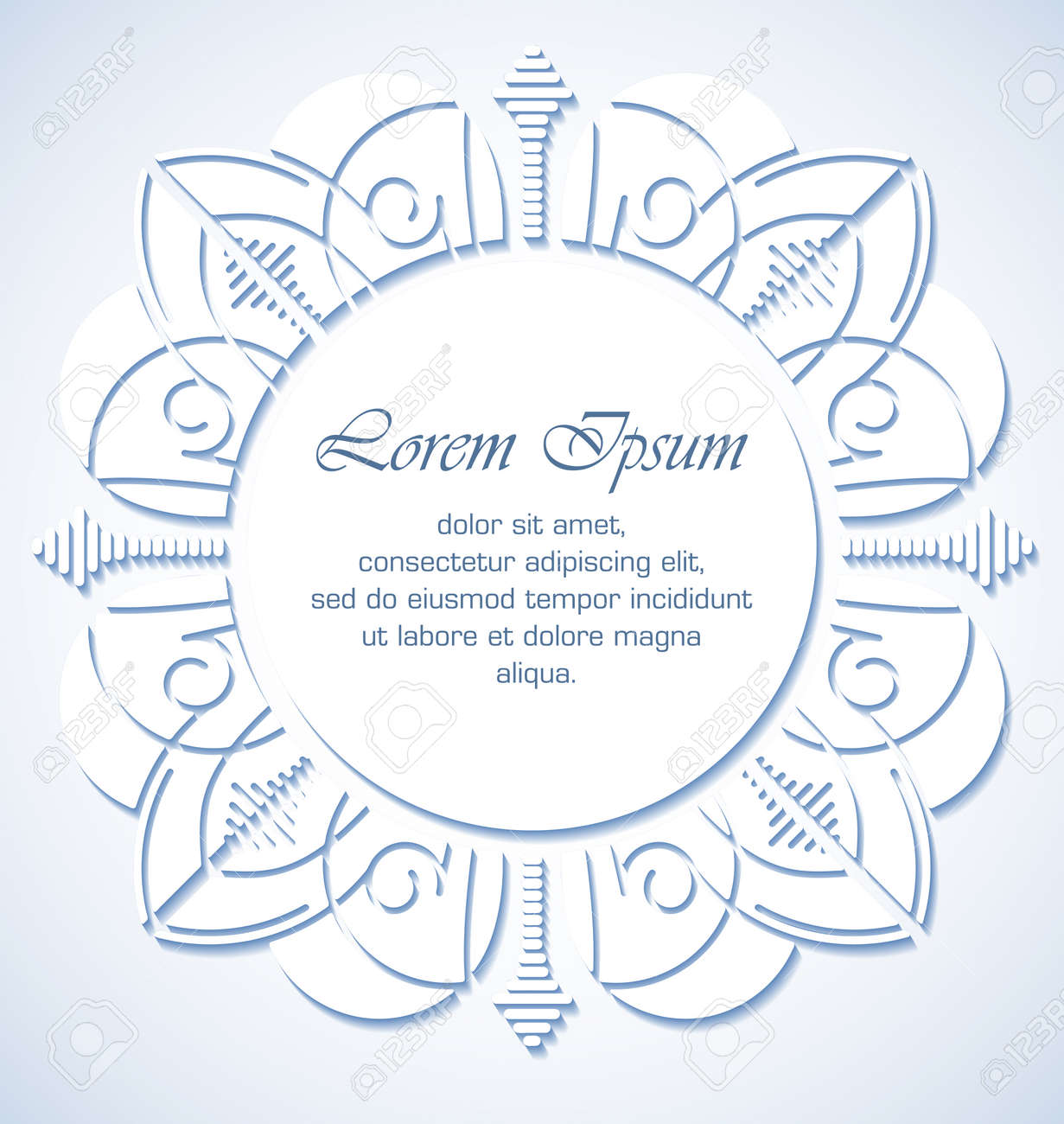 本文の空スペースで幾何学的な装飾用のドイリー パターン ラウンド サークル紙のレース飾り ベクトル イラスト挨拶 ビンテージ結婚式招待状 結婚式の日付を保存 冷たいブルーの色調を背景のイラスト素材 ベクタ Image 46530580