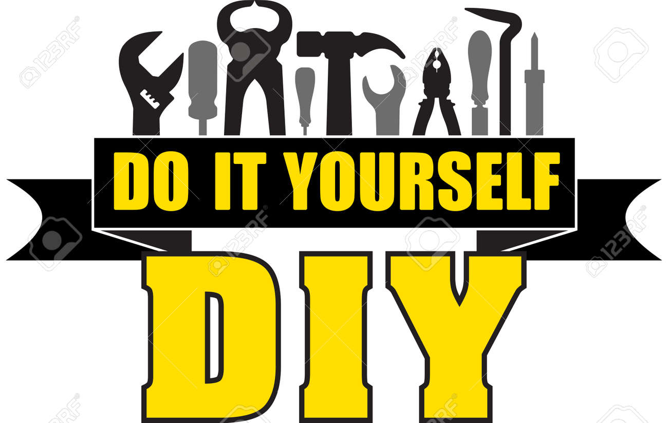 DIY Do It Yourself Banner With Silhouettes Of Workers Tools