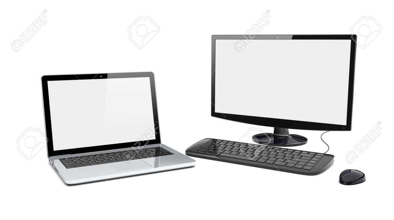Noir Ordinateur Pc De Bureau Avec Grand Ecran Large Et Un Ordinateur Portable Avec Un Ecran Vide Isole Sur Un Fond Blanc Image 3d Banque D Images Et Photos Libres De Droits Image