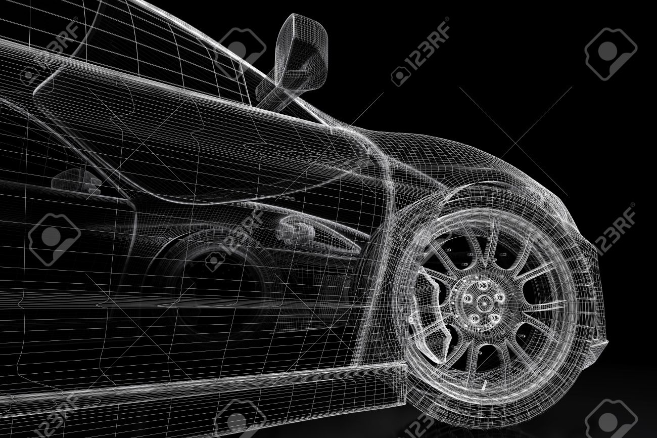 Car Vehicle 3d Blueprint Model On A Black Background 3d Rendered