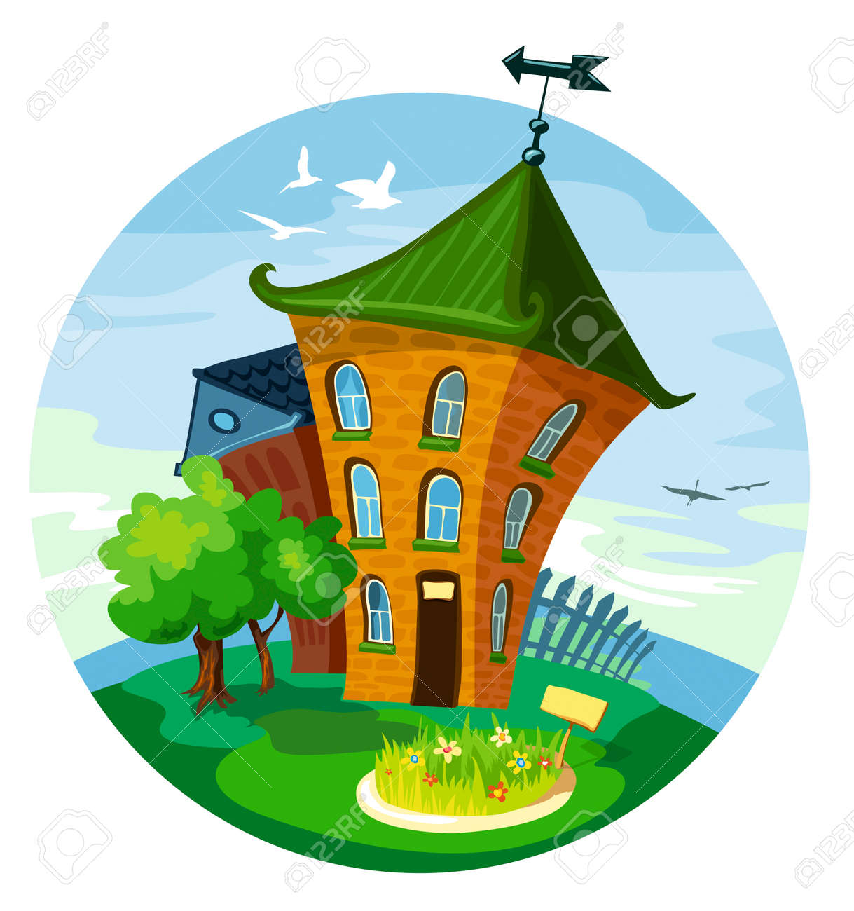 2 かわいい家明確な青空を背景に緑の木々 花壇 風見鶏と柵 のイラスト素材 ベクタ Image