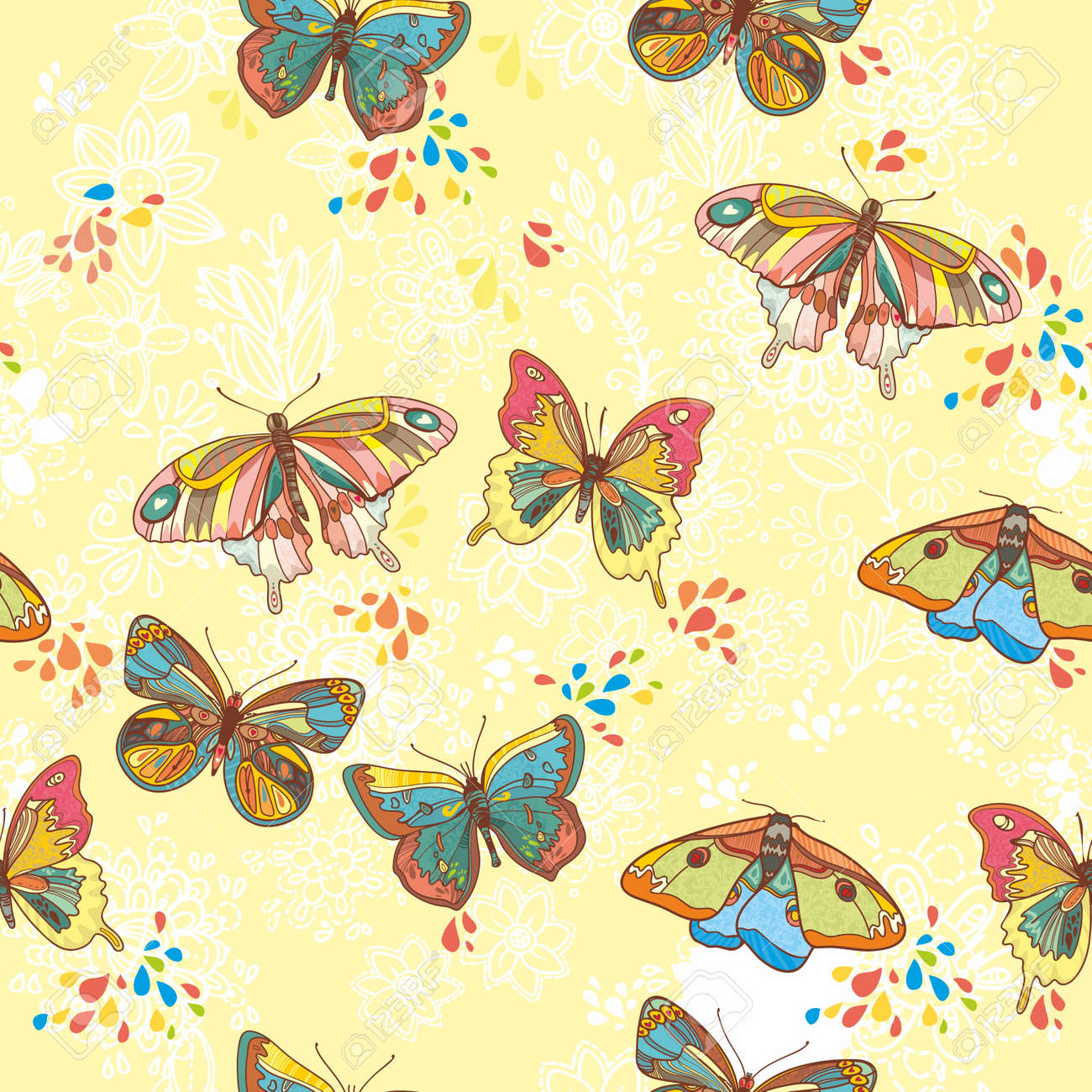 Seamless Wallpaper With Floral Ornament With Leafs And Butterfly