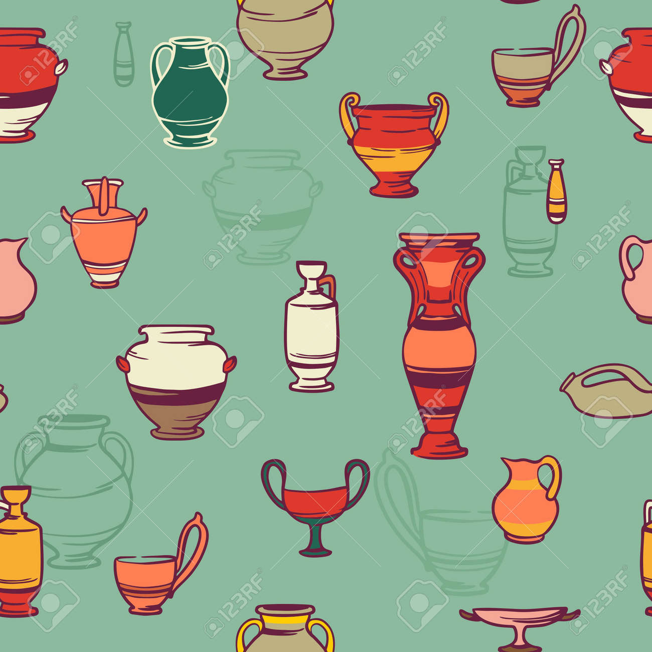 明るく美しい背景粘土ギリシャ語つぼ 花瓶のコレクションのイラスト素材 ベクタ Image
