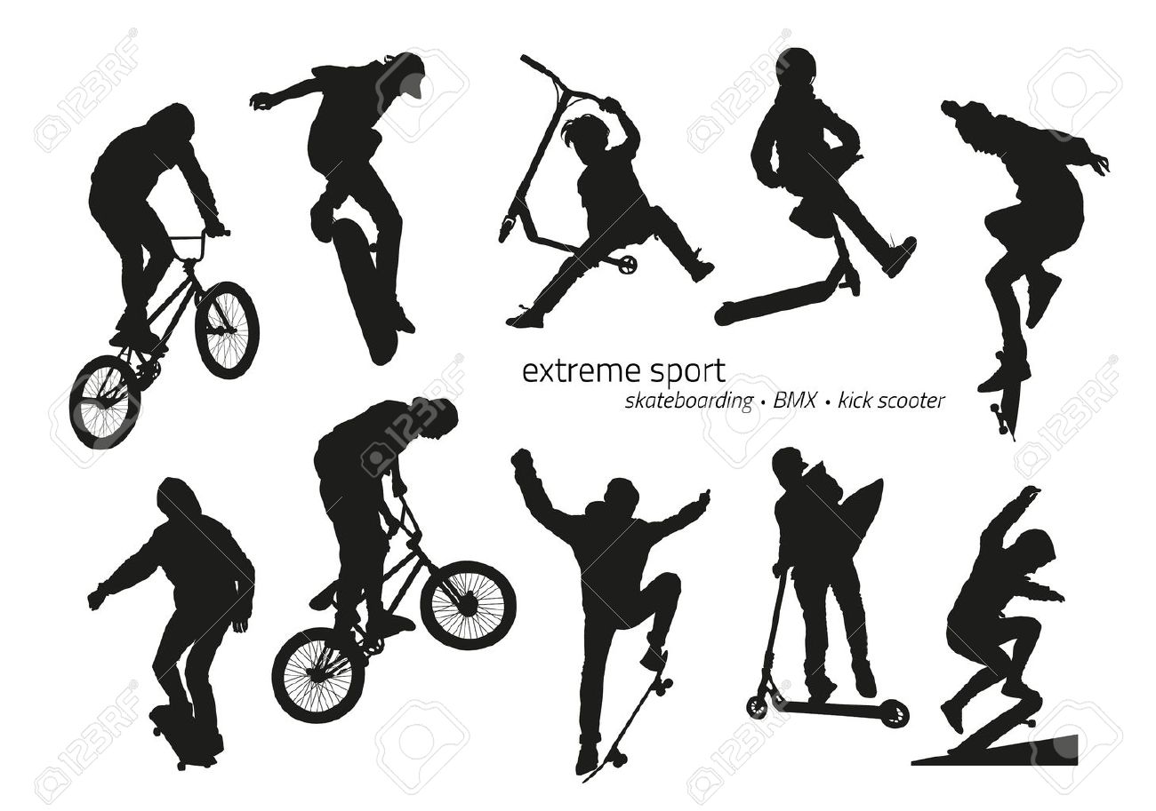 Extreme sport silhouette - skateboarding, kick scooter, BMX. Vector illustration - 64668215 Extreme sport silhouette - skateboarding, kick scooter, BMX. Vector illustration - 64668215