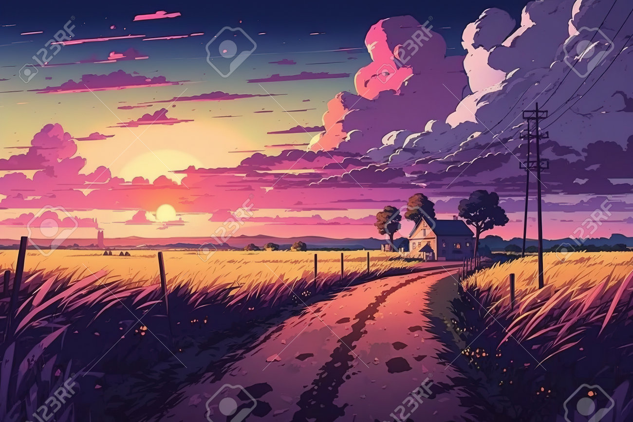 田舎の風景 デジタルアート ノスタルジックな日本の田舎の風景の水彩イラスト「AI生成画像