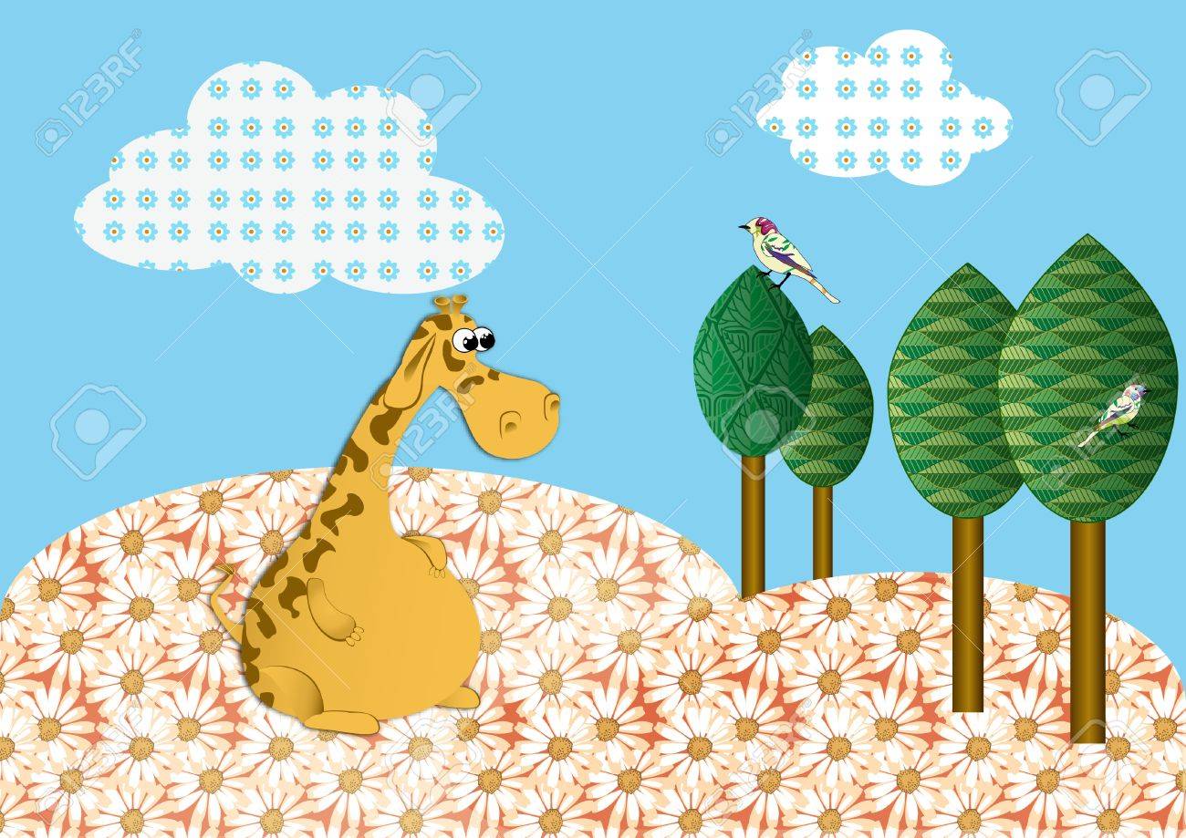 Medow でバードウォッチング キリンのイラスト素材 ベクタ Image