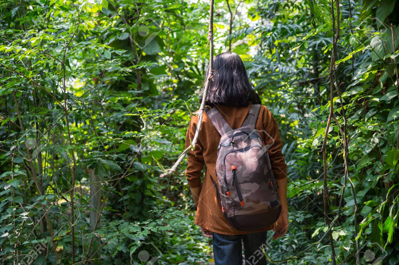 Backside Of Male Travelers Walking Through Jungle A Man Hiking