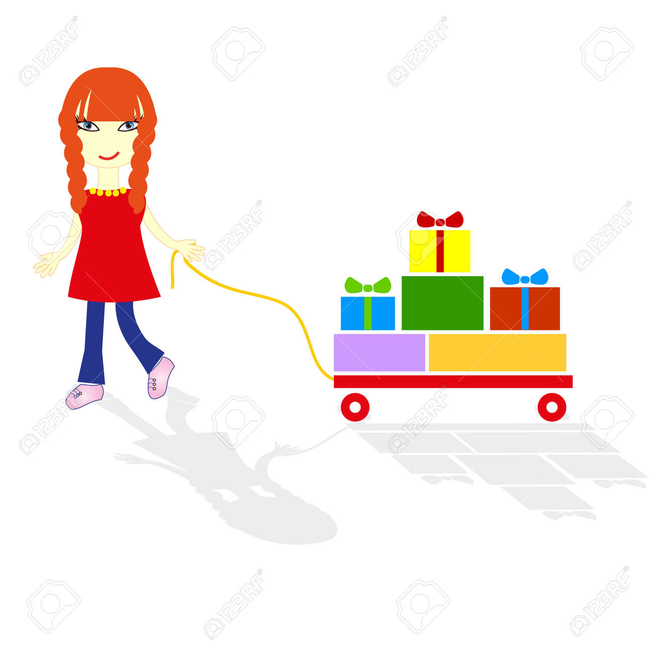 女の子のギフト ボックスをカートに入れるラッキー のイラスト素材 ベクタ Image