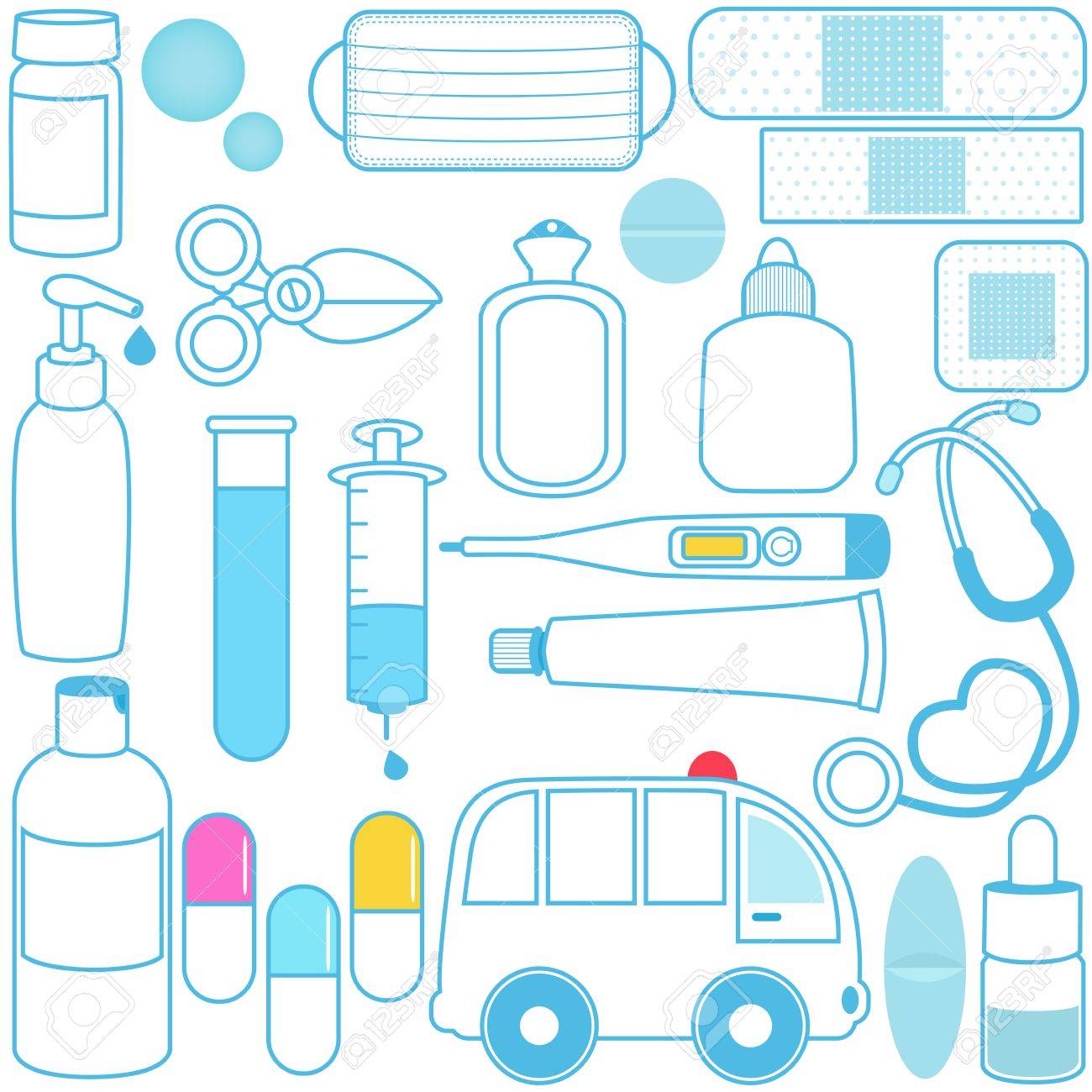 Icones Vectorielles Mignon Les Medicaments Pilules Les Equipements Medicaux Contour Bleu Clip Art Libres De Droits Vecteurs Et Illustration Image
