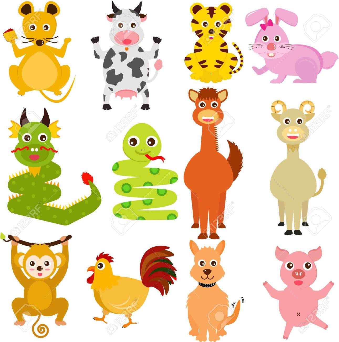 カラフルでかわいいアイコンのセット 12 の中国の黄道帯動物 のイラスト素材 ベクタ Image