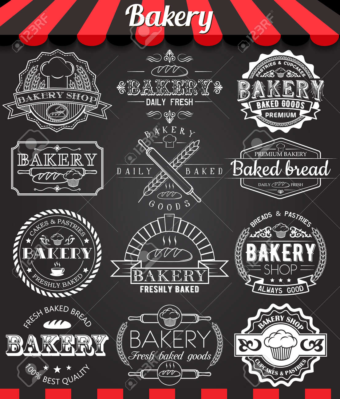 ヴィンテージ レトロなパン屋さんのロゴのバッジとラベルのセットのイラスト素材 ベクタ Image