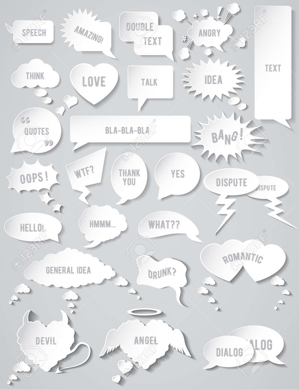 話と灰色の背景に引用符の別の平らな白い吹き出しのセットのイラスト素材 ベクタ Image