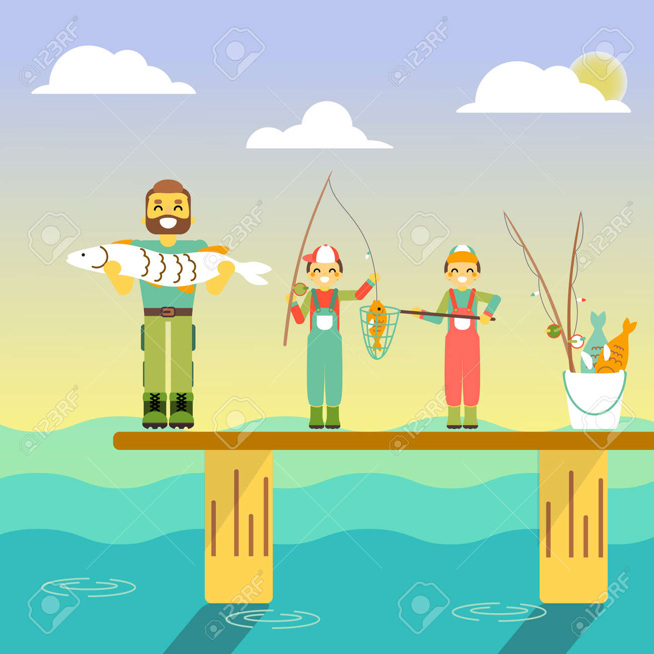 Happy Family Go Fishing. Vector Illustration In Flat Style Design. Cartoon  People Characters Fishing In Sea. Parents And Kids On A Pier With Fishing  Rods On Holiday Royalty Free SVG, Cliparts, Vectors,, image size:1300x1300