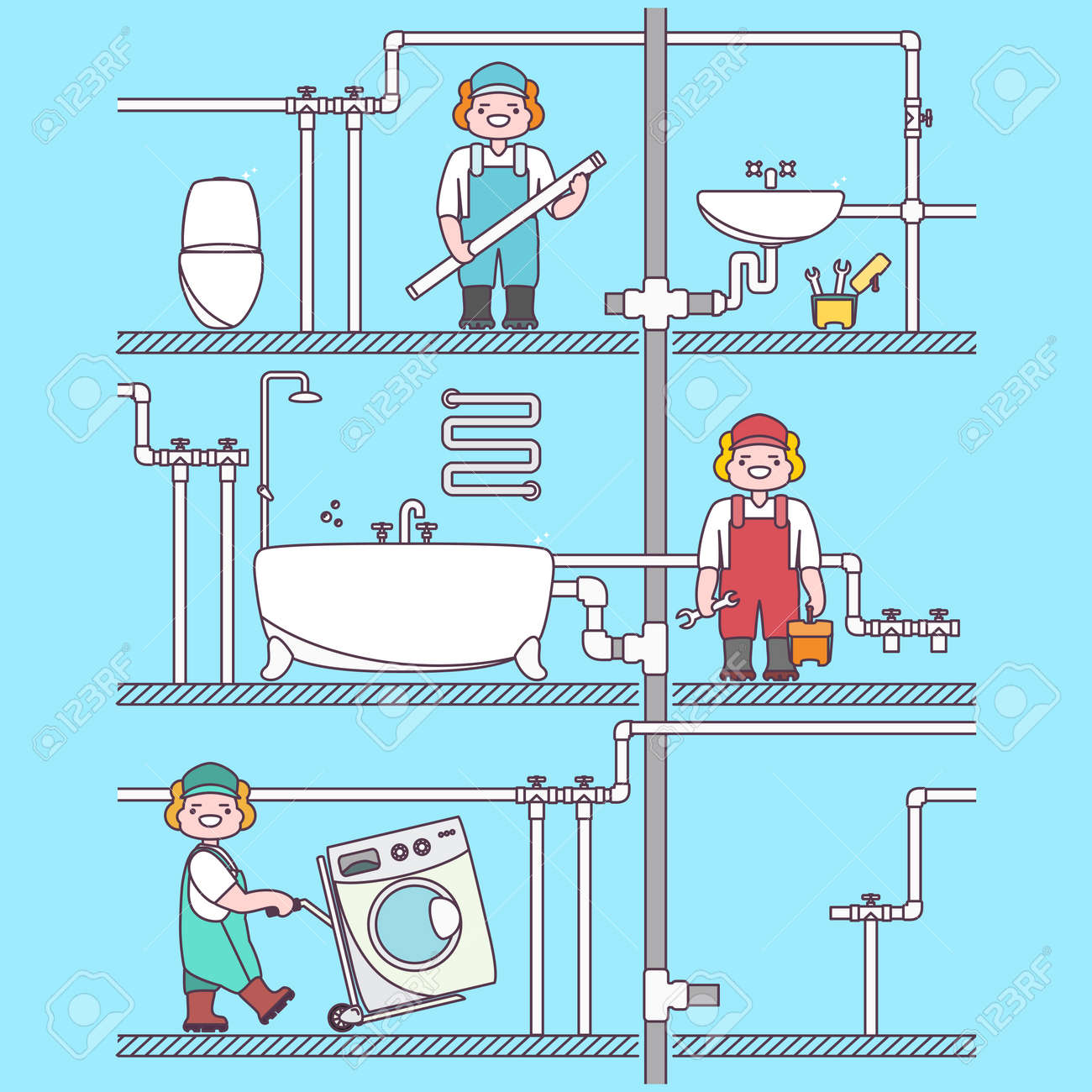 plumber worker cartoon character male character fixing tubes animation tubes