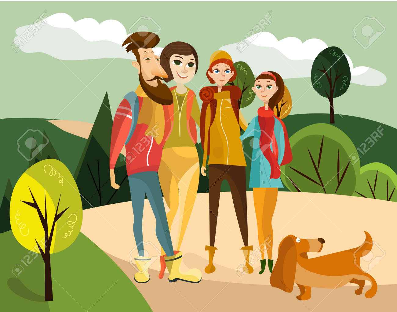 子供と犬のペットと一緒にハイキングに行くお父さんのベクターイラスト 家族旅行コンセプトデザイン要素 のイラスト素材 ベクタ Image 8515