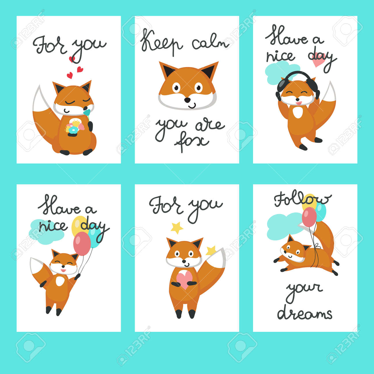 cute foxes cards vector template set with funny cartoon characters