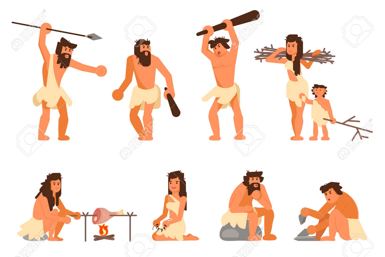 Stone age people icon set. Vector flat style design illustration of primitive people cavemen hunting, cooking, gathering brushwood, making stone tools isolated on white background. - 104382309 Stone age people icon set. Vector flat style design illustration of primitive people cavemen hunting, cooking, gathering brushwood, making stone tools isolated on white background. - 104382309