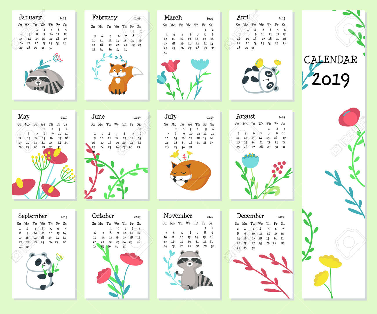 2019 yearly calendar vector template with sunday saturday format calender format
