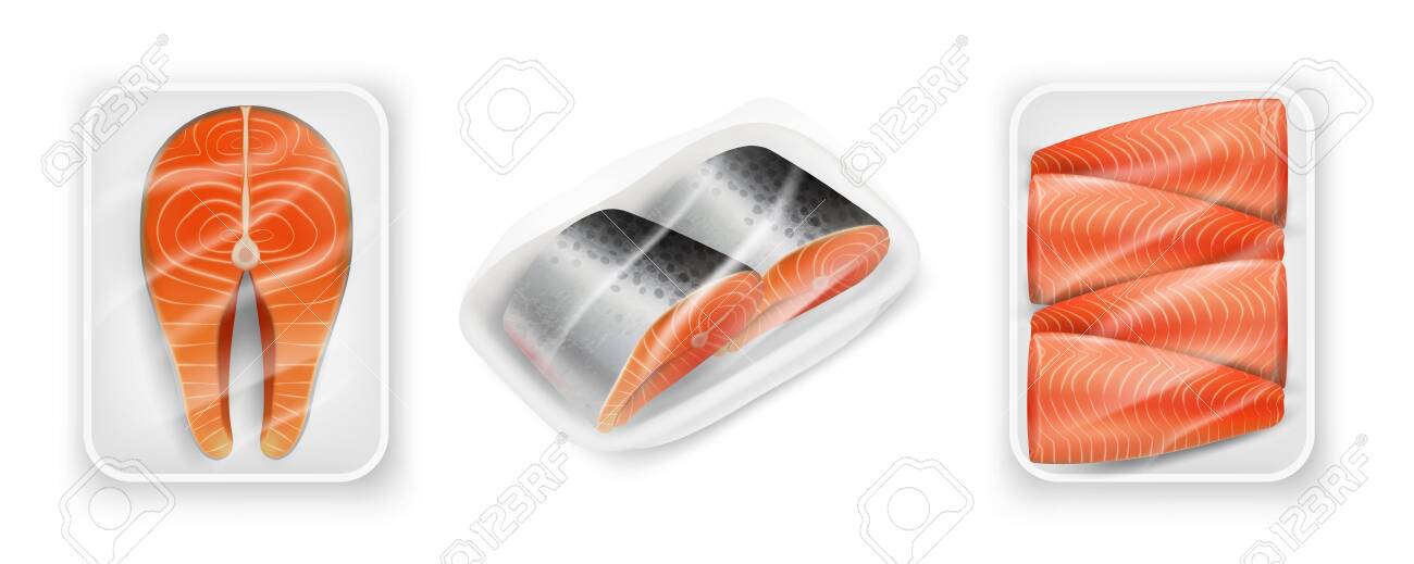 Download Salmon Red Fish Steak Package Mockup Set Vector Realistic Illustration Royalty Free Cliparts Vectors And Stock Illustration Image 135696628