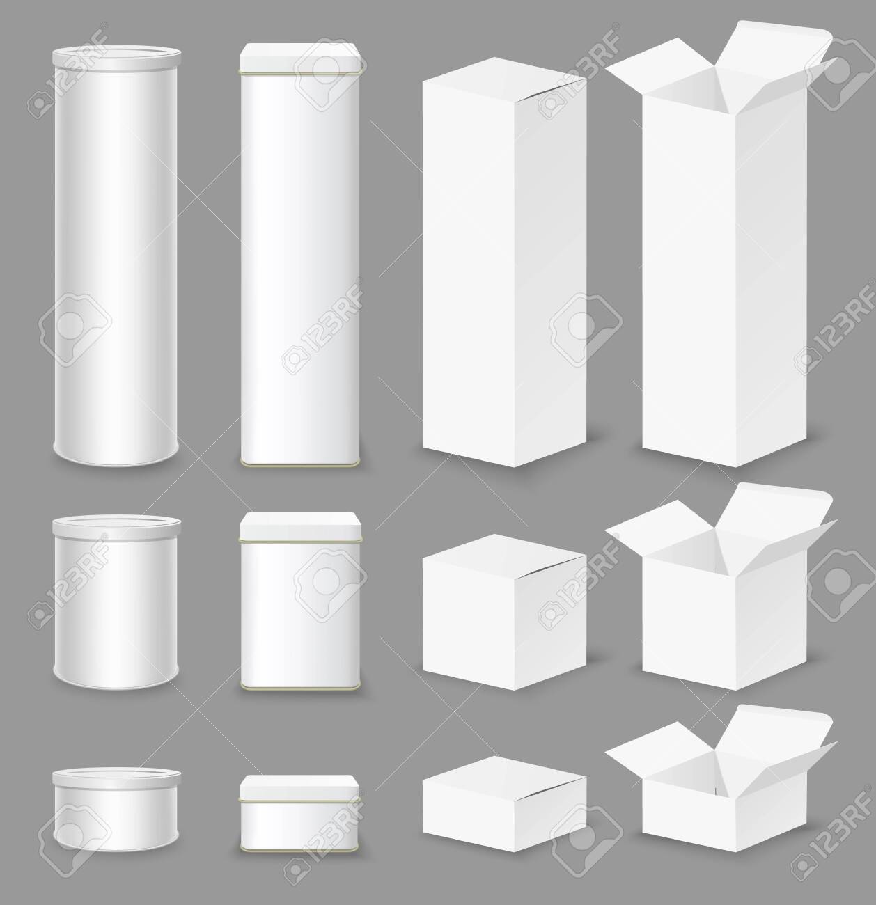 Realistic White Cardboard Box Mockup Set Vector Isolated Illustration Royalty Free Cliparts Vectors And Stock Illustration Image 140886081