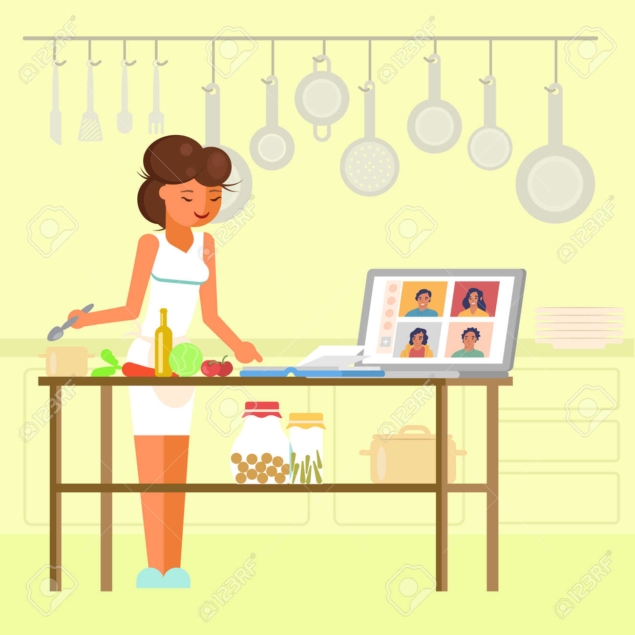 online cooking masterclass, vector flat illustration. young woman chef preparing food in kitchen in front of laptop computer audience. online culinary school, distance learning courses in cookery. royalty free cliparts, vectors, and online cooking masterclass, vector