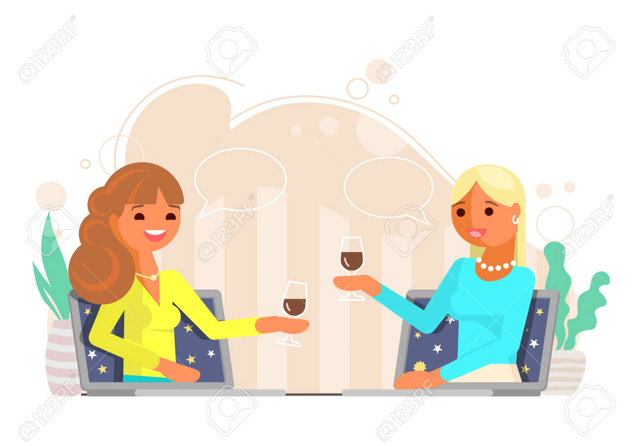 オンライン友達会議 ベクトルフラットイラスト ワイングラスで乾杯し ビデオ通話 を使用してチャットする2人のかわいい女の子が最新の通信技術を呼び出します バーチャルパーティー 誕生日 ビデオチャット のイラスト素材 ベクタ Image