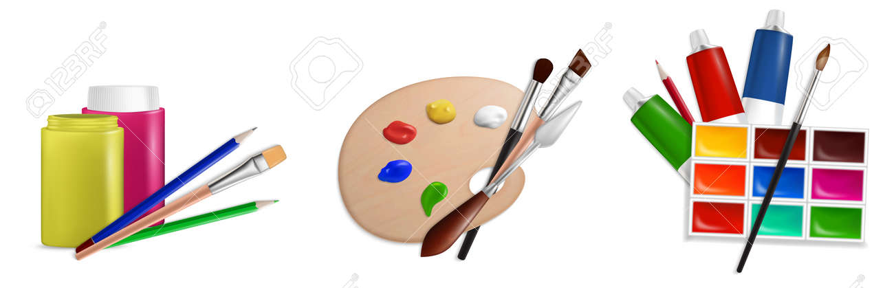 Juego De Pinturas Artísticas, Herramientas Y Accesorios Para Artistas. Acrílico, Acuarela, Gouache Y Materiales De Arte, Vector. Ilustraciones Svg, Vectoriales, Clip Art Vectorizado Libre De Derechos. 179948110.