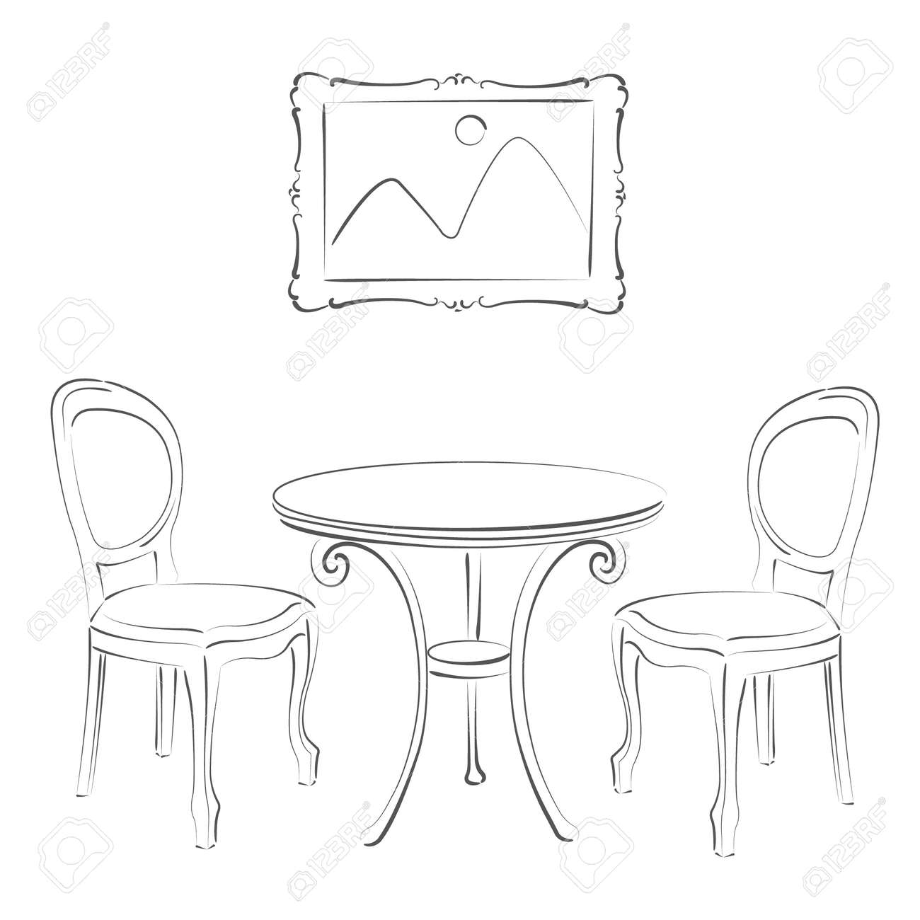 スケッチ椅子、テーブルおよび画像フレーム。カフェのインテリア。高調