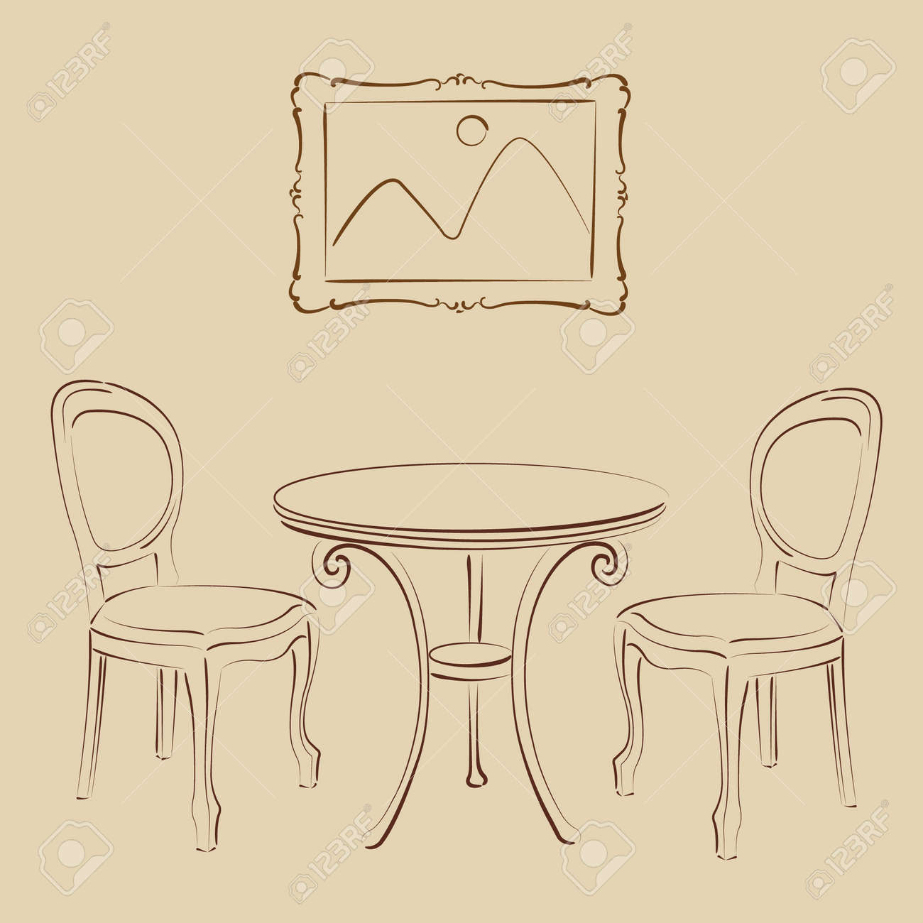 スケッチ椅子 テーブルおよび画像フレーム カフェのインテリア 高調波の色 背景は簡単に削除することができます のイラスト素材 ベクタ Image