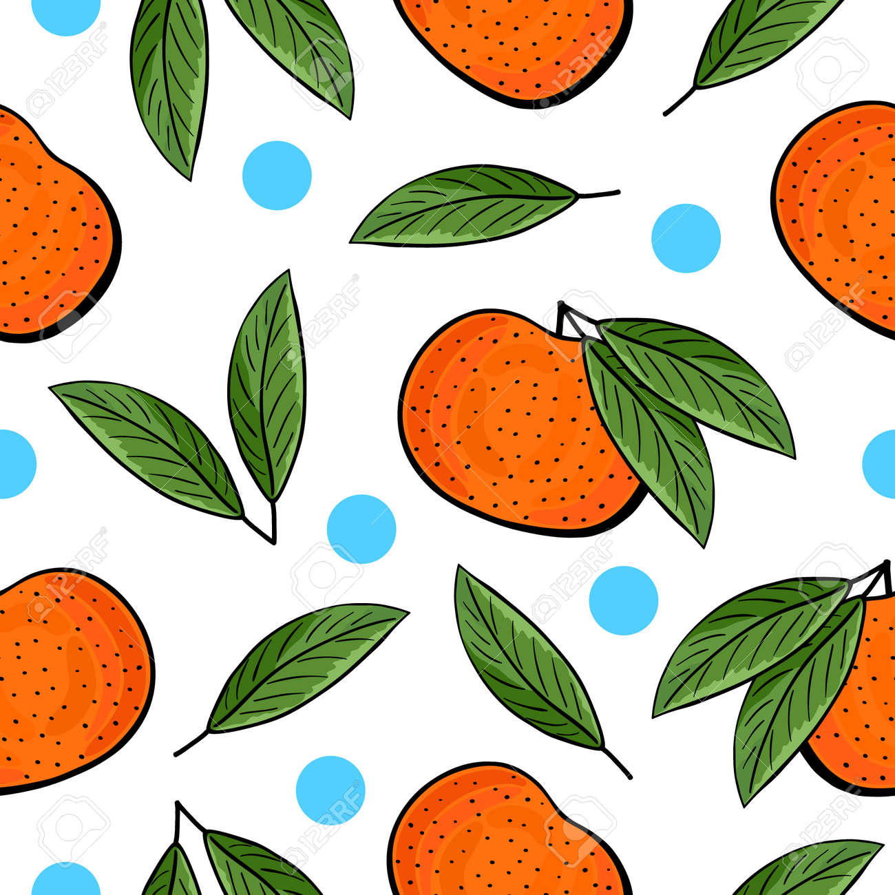 シームレスな手は白の背景に青のドットでタンジェリン パターンを描画します みかんの葉ベクター イラスト 繊維 壁紙 包装紙などに最適です のイラスト素材 ベクタ Image