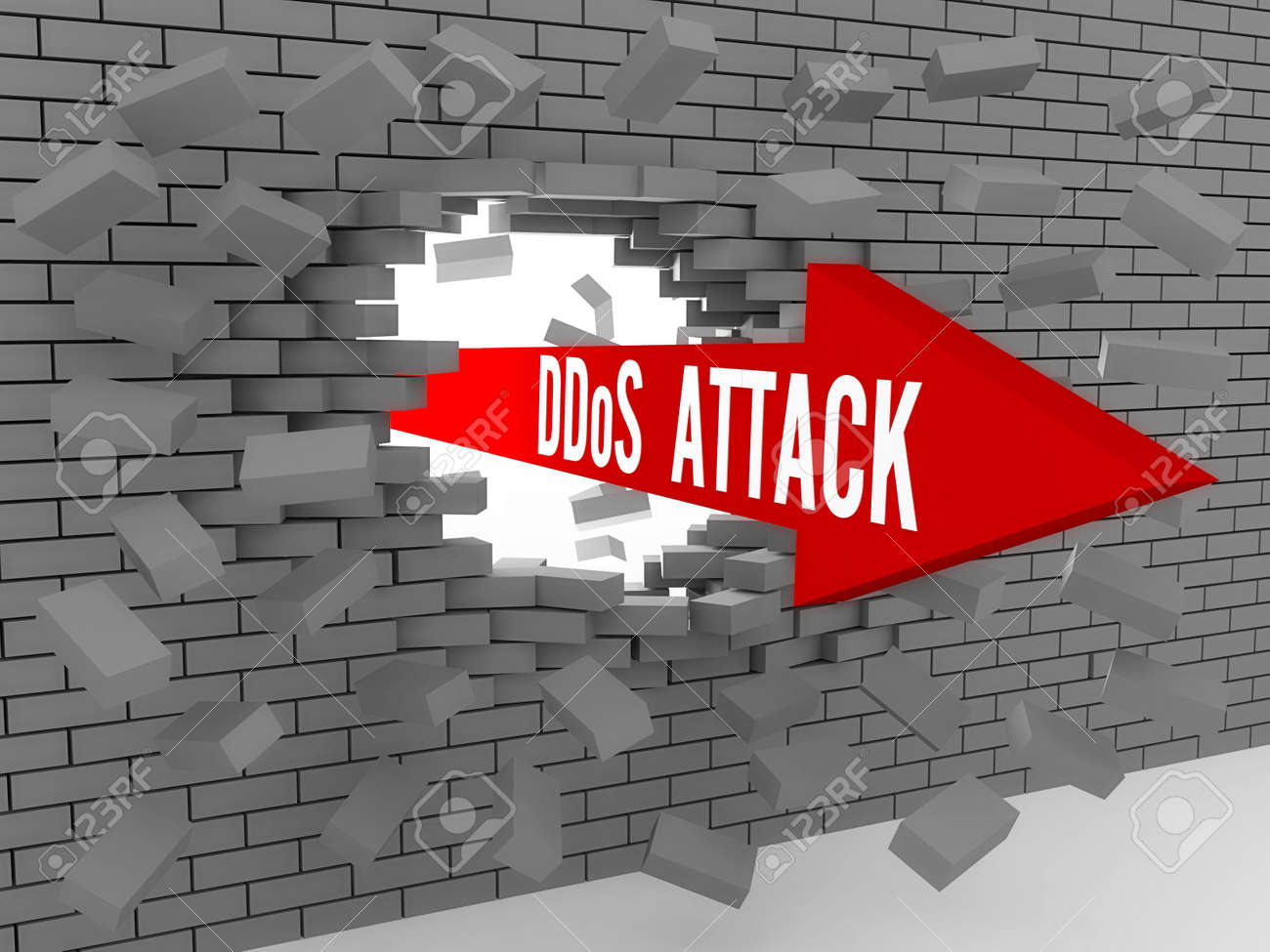 矢印と言葉がレンガの壁を壊す Ddos 攻撃 コンセプト 3 D イラスト の写真素材 画像素材 Image 21756713
