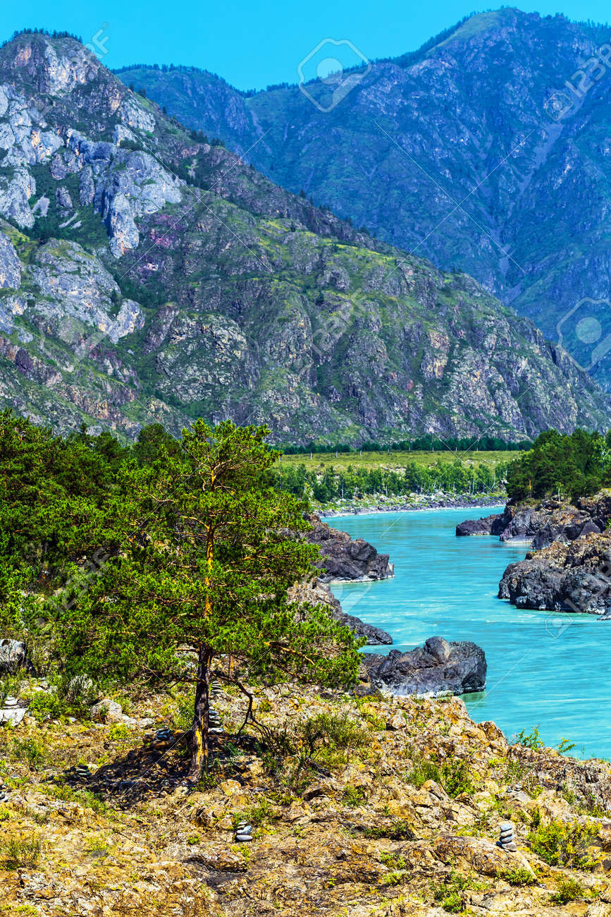 Chemal district, Altai Republic, southern Siberia, Russia - August 15, 2019: a view of the Katun river and rapids Teldekpen have Oroktoysky bridge - 129773586 Chemal district, Altai Republic, southern Siberia, Russia - August 15, 2019: a view of the Katun river and rapids Teldekpen have Oroktoysky bridge - 129773586
