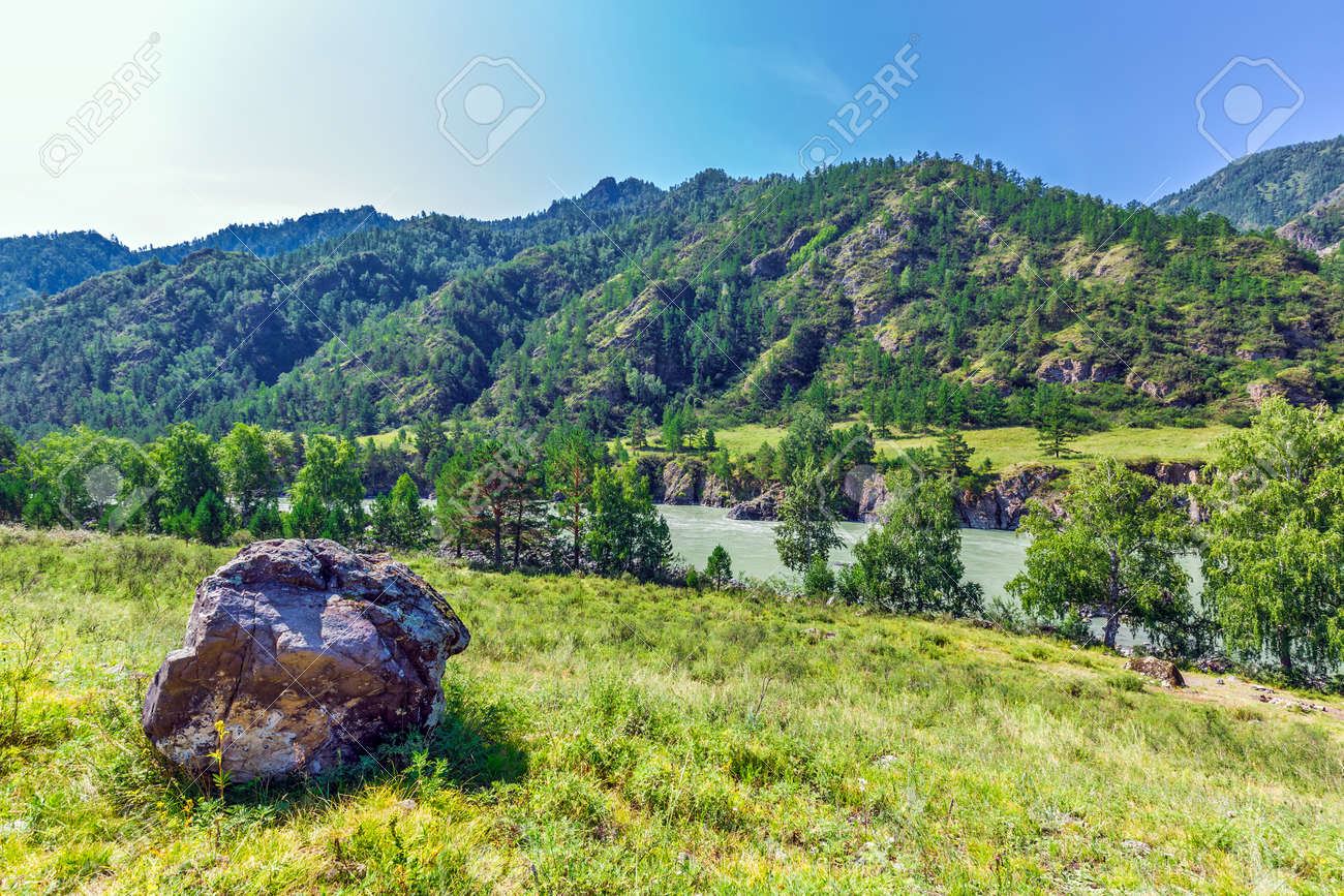 View of Katun river and mountain valley in summer. Chemalsky district, Altai Republic, southern Siberia, Russia - 129773905 View of Katun river and mountain valley in summer. Chemalsky district, Altai Republic, southern Siberia, Russia - 129773905
