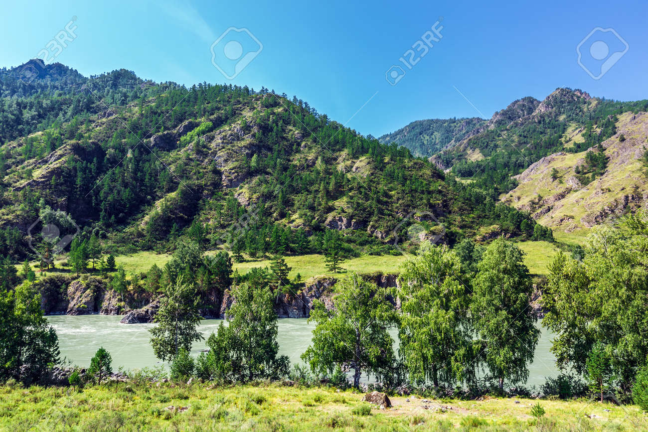 View of Katun river and mountain valley in summer. Chemalsky district, Altai Republic, southern Siberia, Russia - 129773903 View of Katun river and mountain valley in summer. Chemalsky district, Altai Republic, southern Siberia, Russia - 129773903